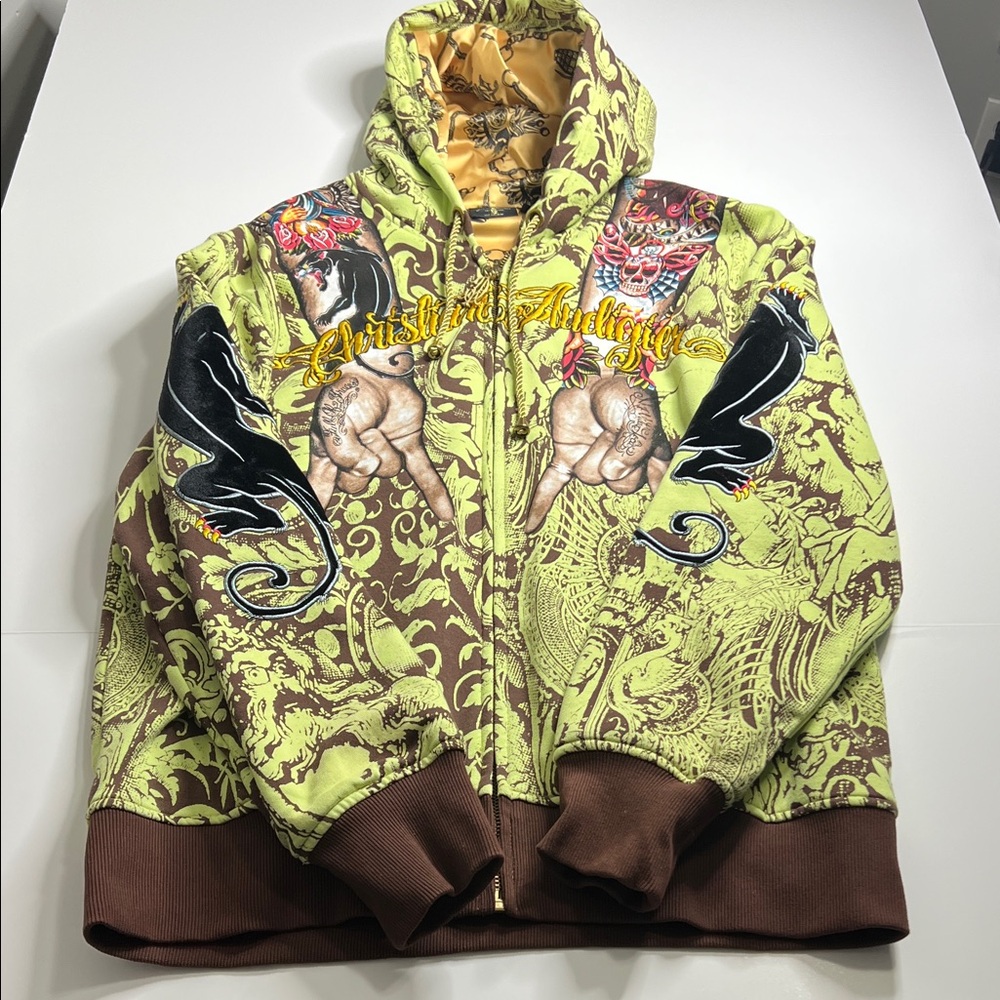 Christian Audigier Green and Brown Graphic Jacket